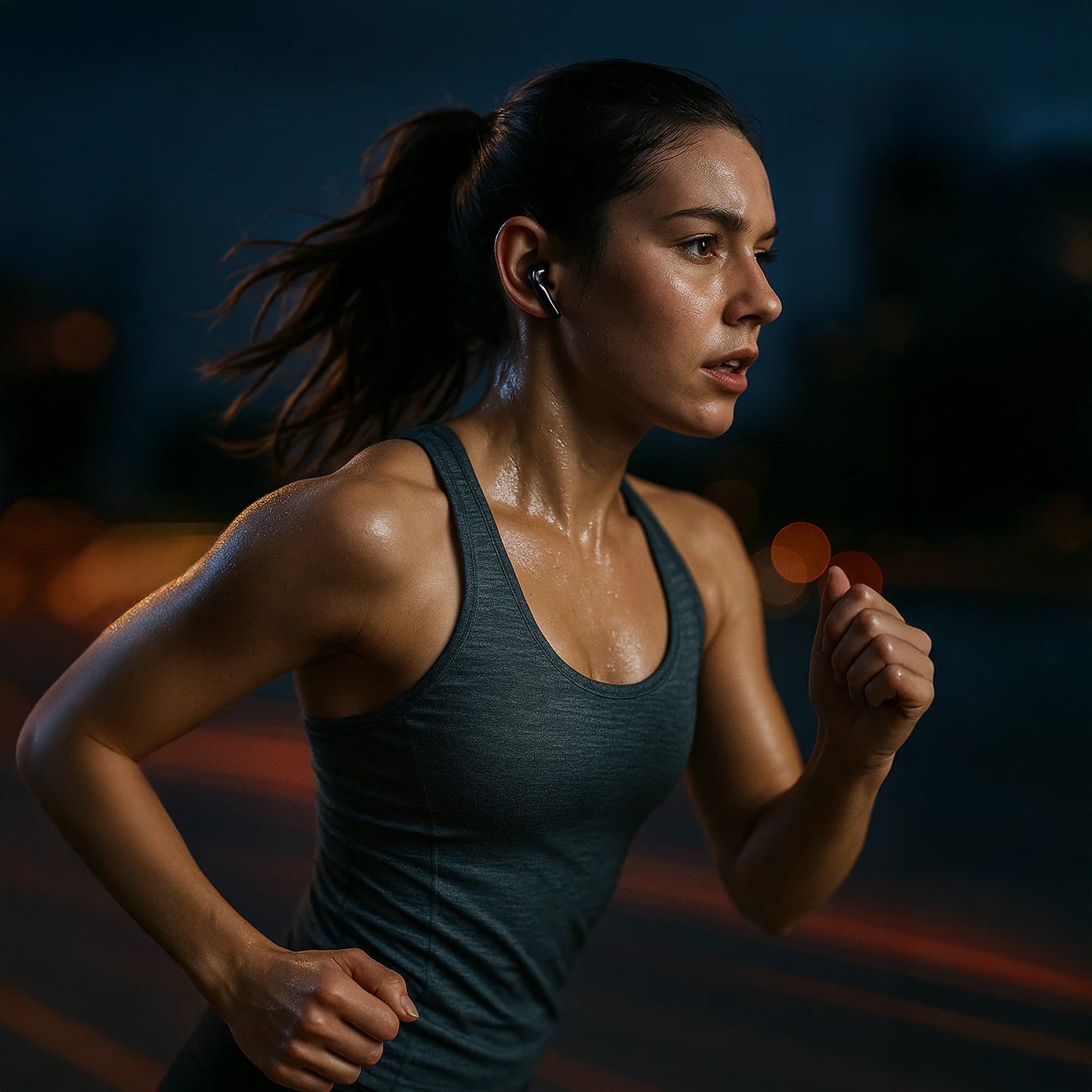 Runner using CTRL8 true wireless earbuds in pure black during an evening jog, emphasizing deep bass and 48-hour playback
