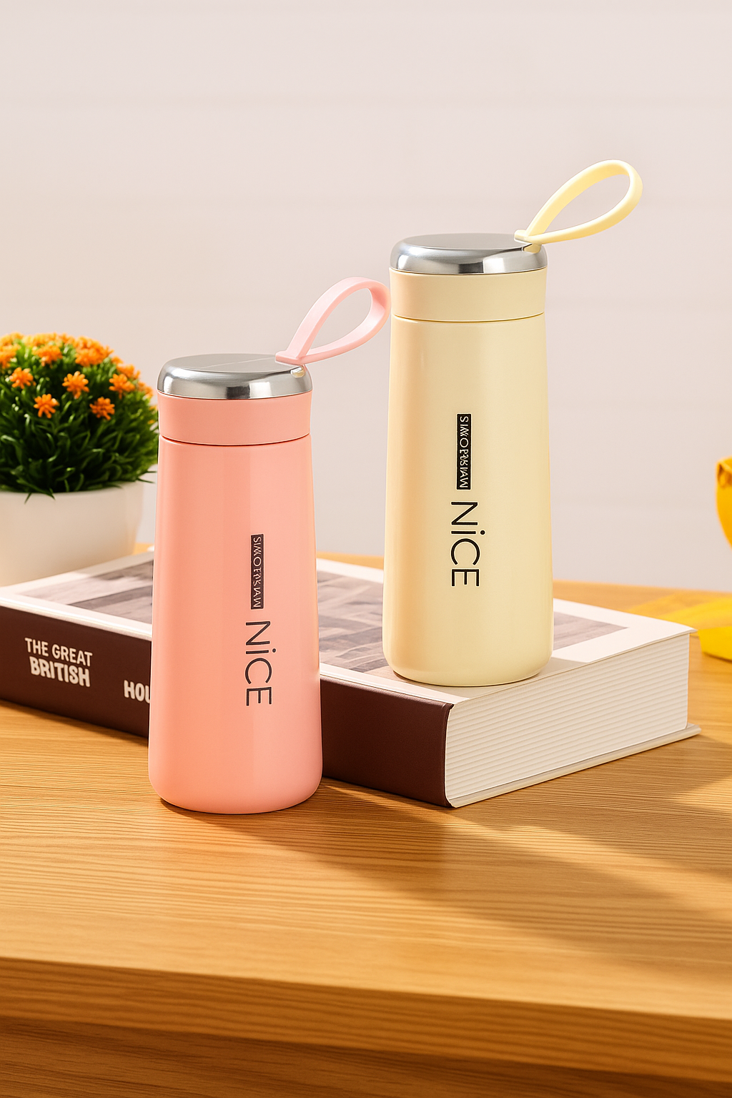 Leak-proof glass water bottles with silicone protective sleeves in pastel pink and cream by The Elite Shop