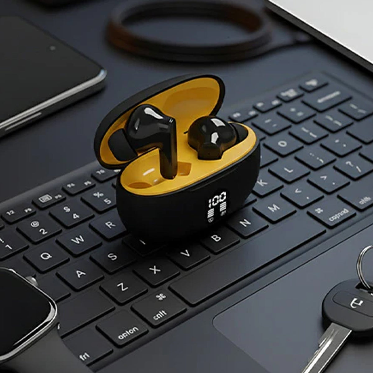 CTRL8 Stereo Sound True Wireless Bluetooth Earbuds-UB with digital display placed on a keyboard for work or study