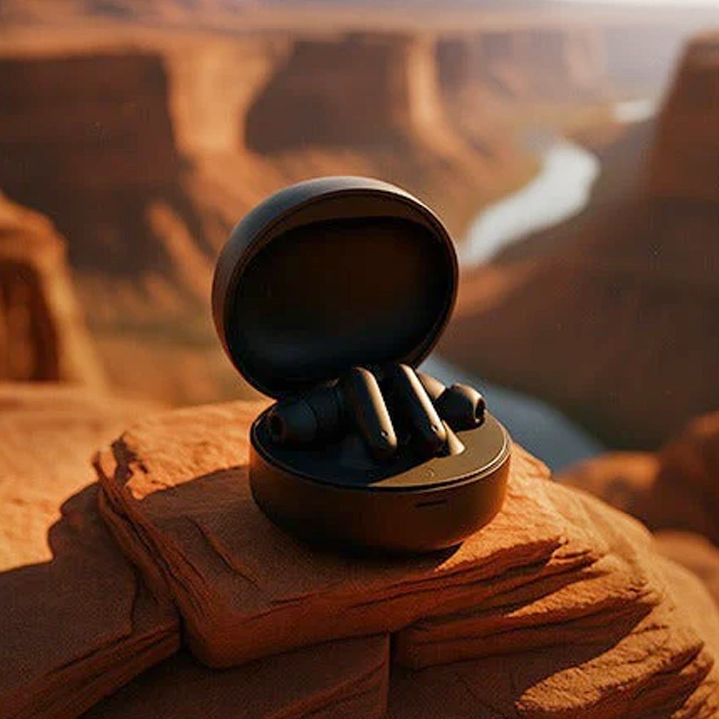 CTRL8 wireless earbuds with 12-hour playtime showcased outdoors on a rocky surface with a scenic canyon view in the background
