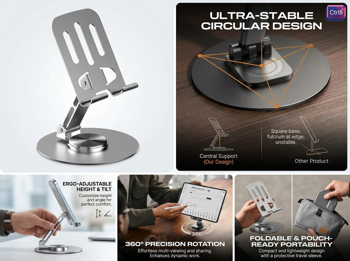 CTRL8 360 adjustable aluminum anti-slip phone stand featuring ultra-stable circular base and ergonomic tilt adjustment