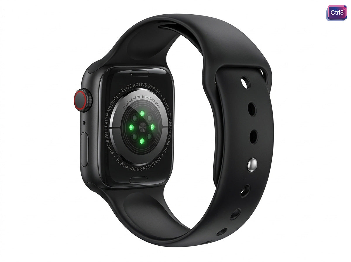 CTRL8 smartwatch showcasing advanced ECG sensor and sleek black strap design