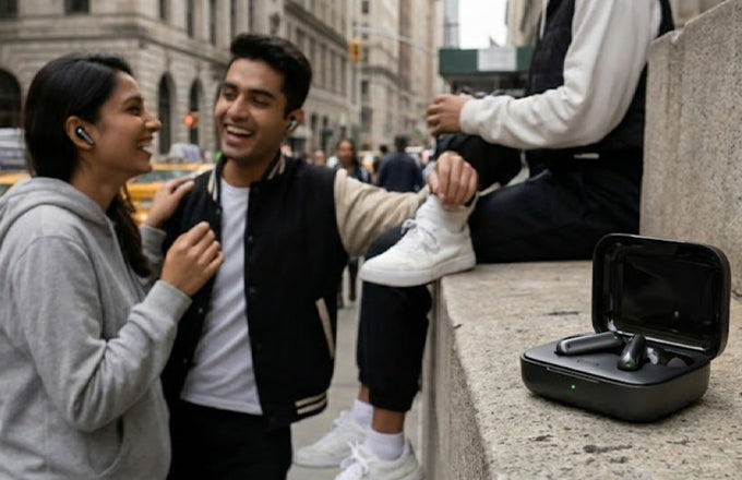 Urban users enjoying music with CTRL8 Advanced HiFi true wireless earbuds, ideal for outdoor use.
