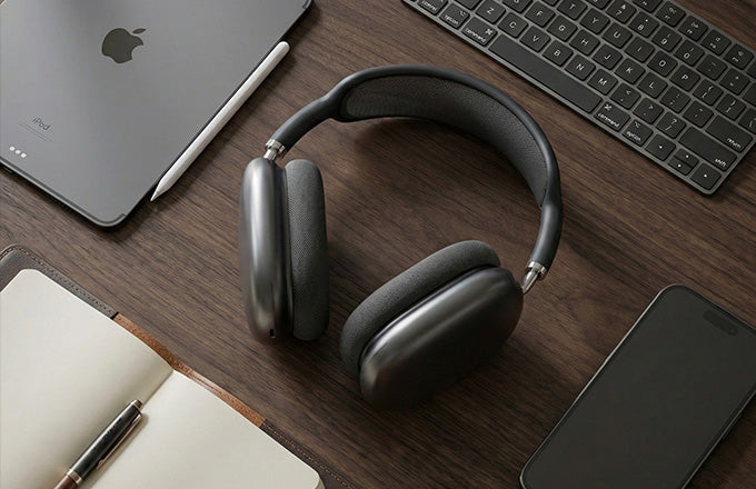 CTRL8 P9 Bluetooth headphones placed on a wooden desk alongside gadgets for work and leisure
