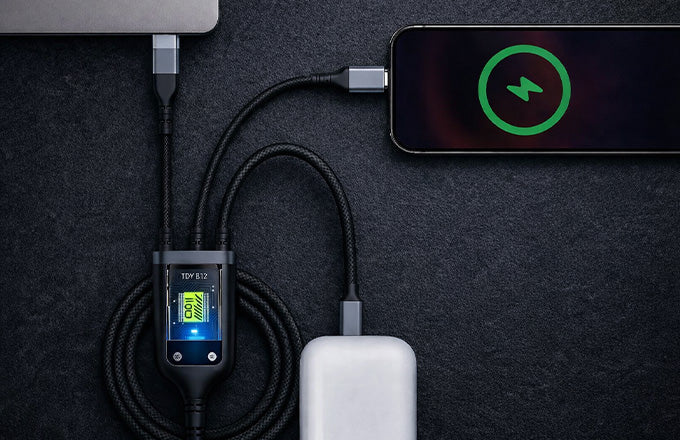 CTRL8 3-in-1 fast charging cable powering a smartphone, laptop, and power bank with nylon braided durability and 3A output