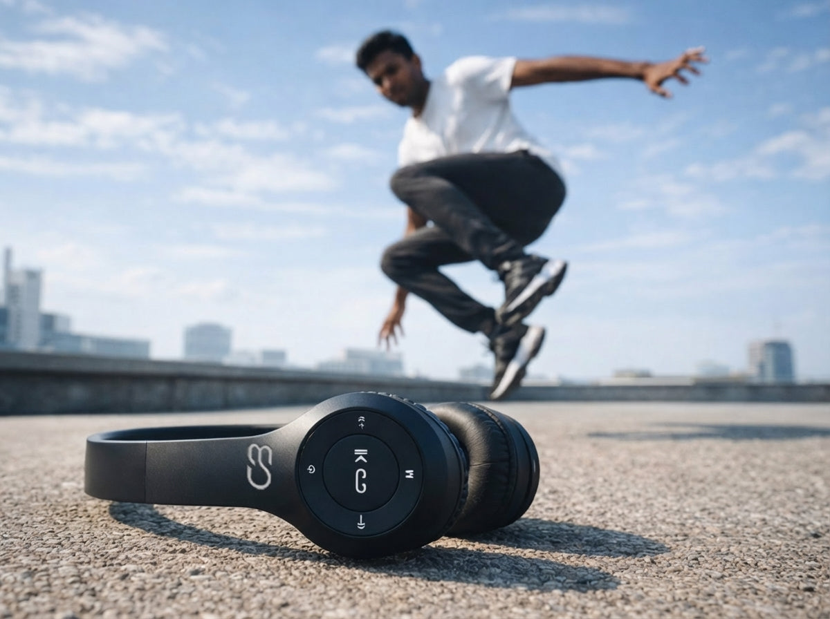 Street performer jumping near CTRL8 P47 dual mode headphones with mic, ideal for wireless and wired listening