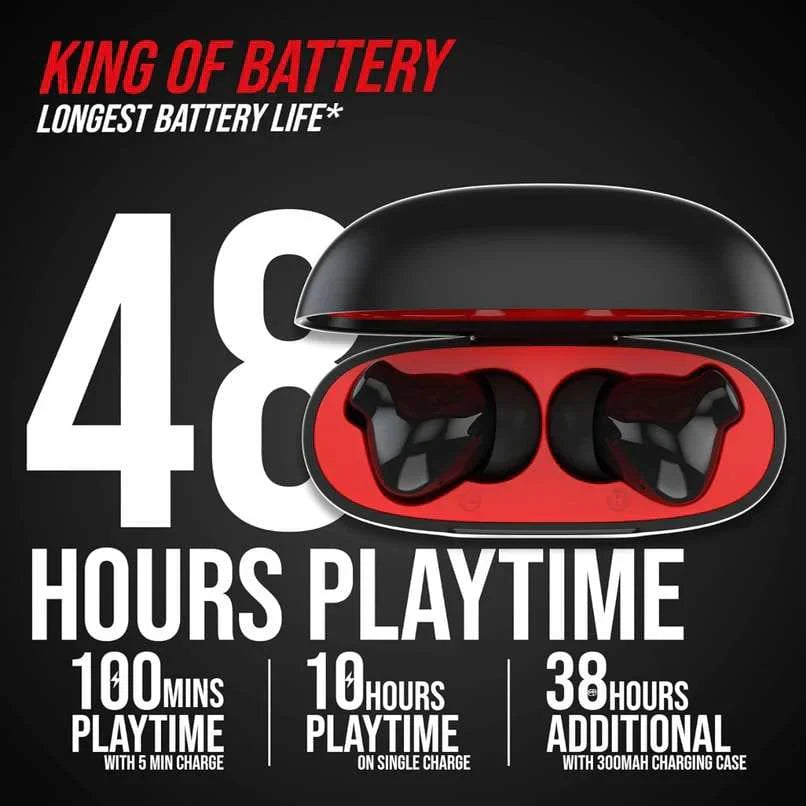CTRL8 true wireless earbuds featuring 48 hours playtime with 300mAh charging case in black and red