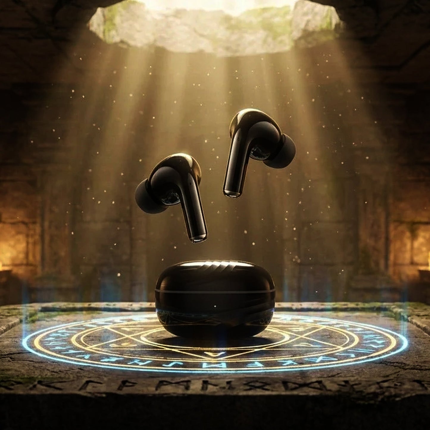 CTRL8 true wireless earbuds in pure black featuring a mystical design with glowing symbols, emphasizing deep bass and quad mic