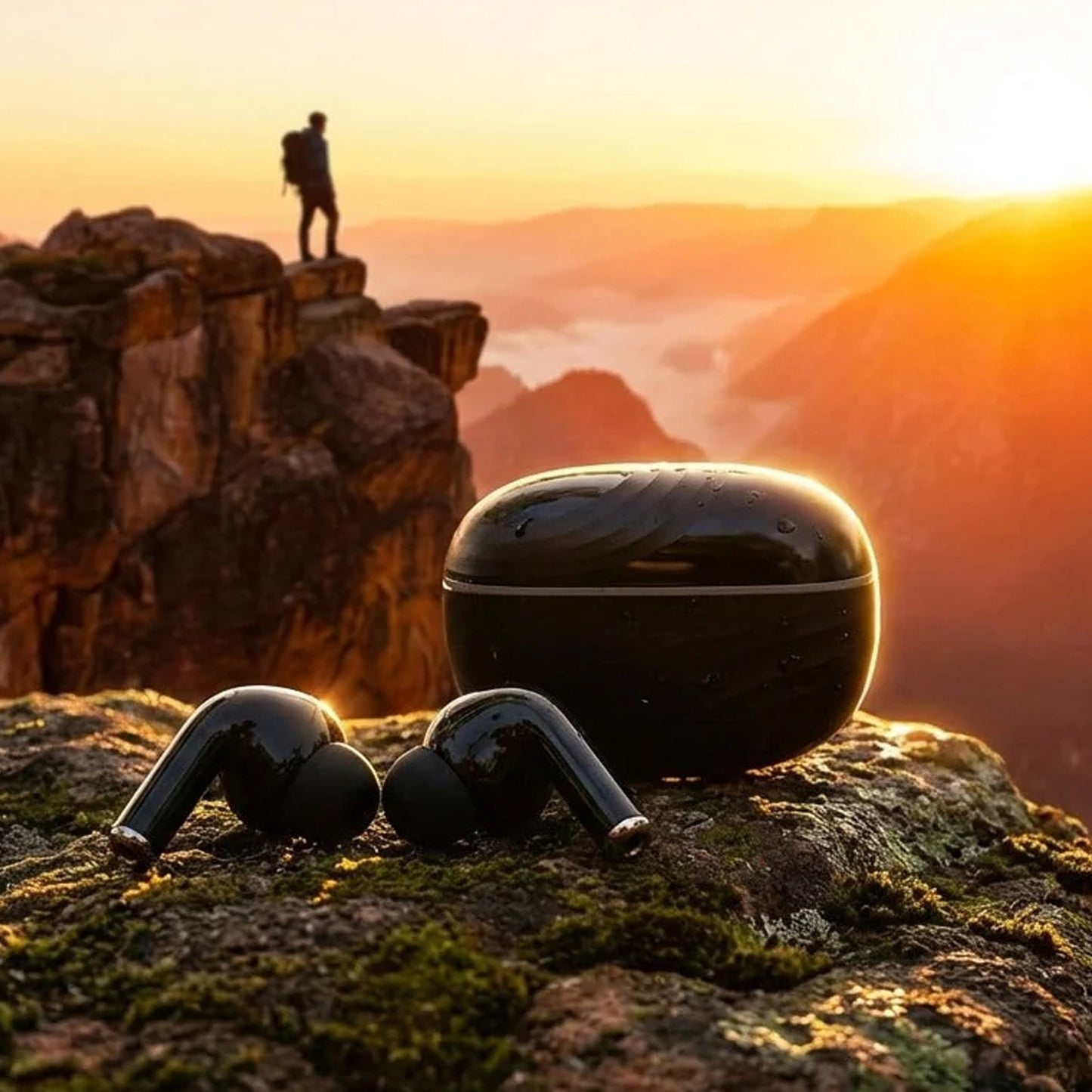 Explorer enjoying the sunset with CTRL8 true wireless earbuds in pure black, emphasizing deep bass and 48-hour playback