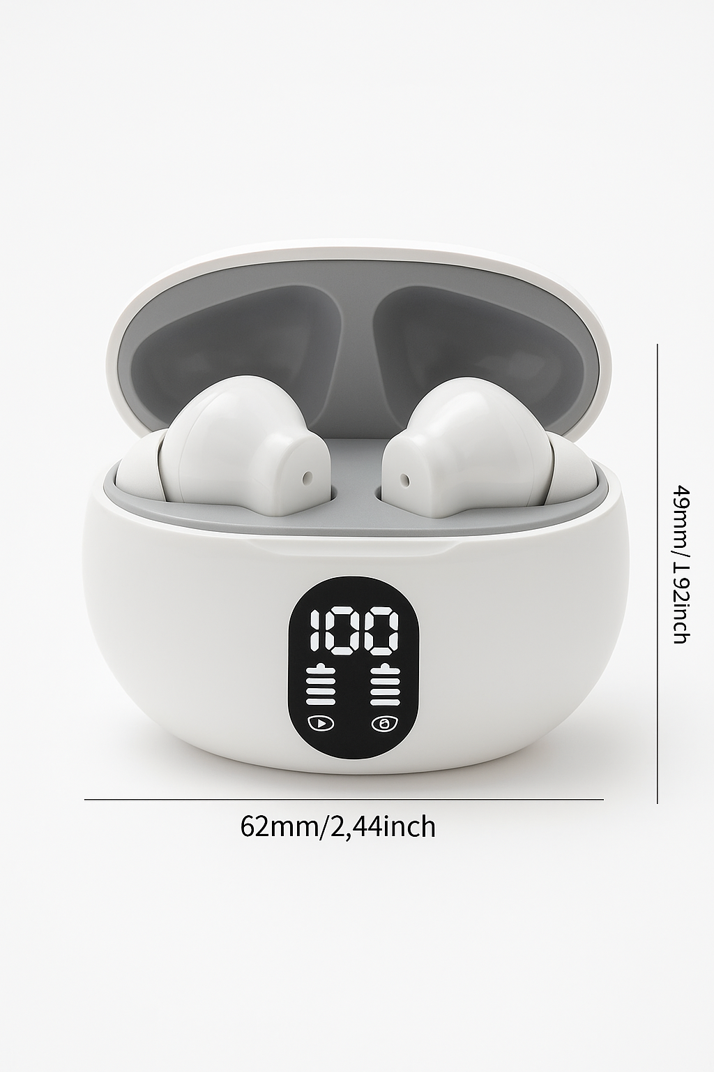 CTRL8 Yo2 Ultra Pro Earbuds-II showcasing compact design with digital battery display and precise dimensions