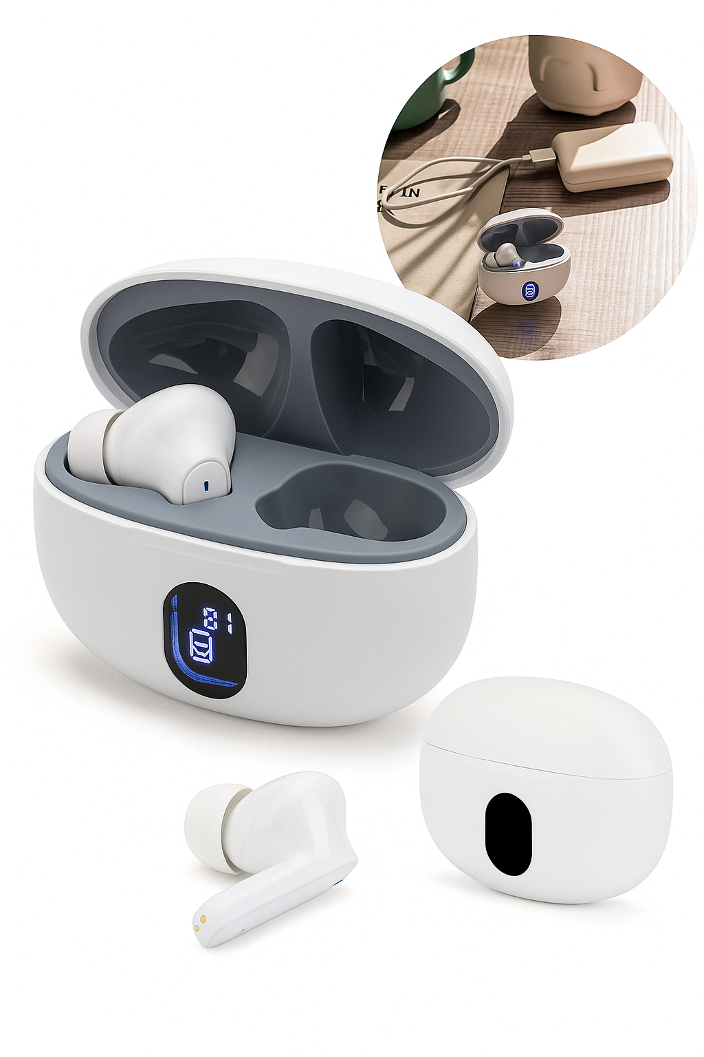 CTRL8 Yo2 Ultra Pro Earbuds-II true wireless earbuds with digital battery display and charging case in white