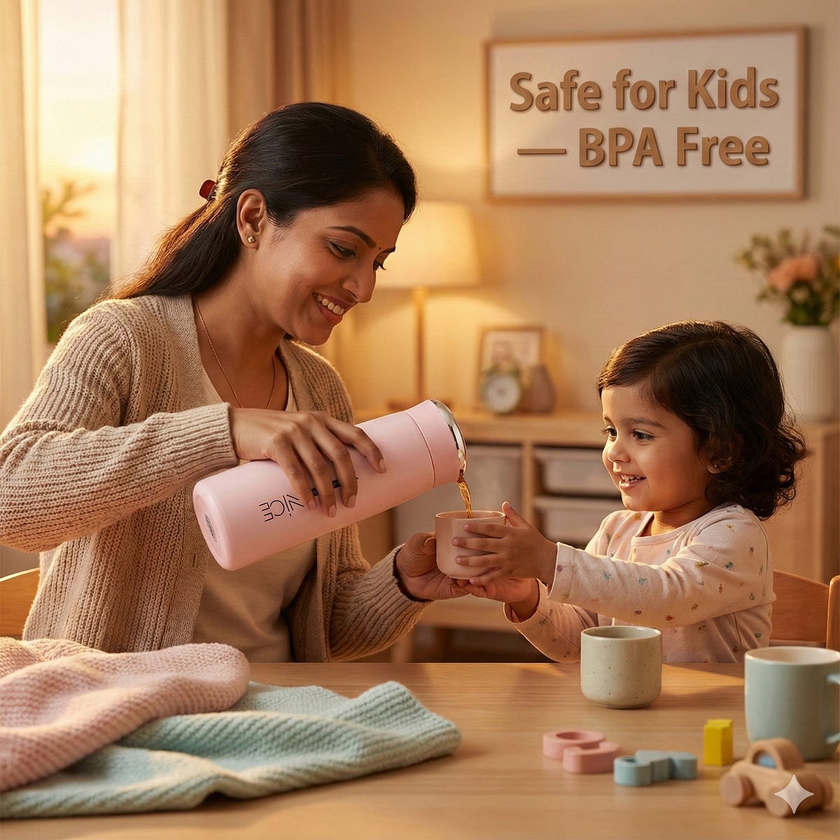 Mother pouring water from The Elite Shop leak-proof glass water bottle with silicone protective sleeve in pastel pink for her child at home.