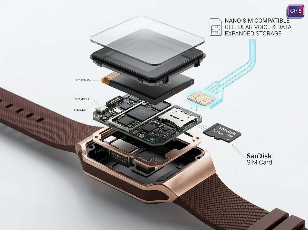 CTRL8 smartwatch showcasing internal components including SIM slot, memory card slot, GPS module, and HR sensor