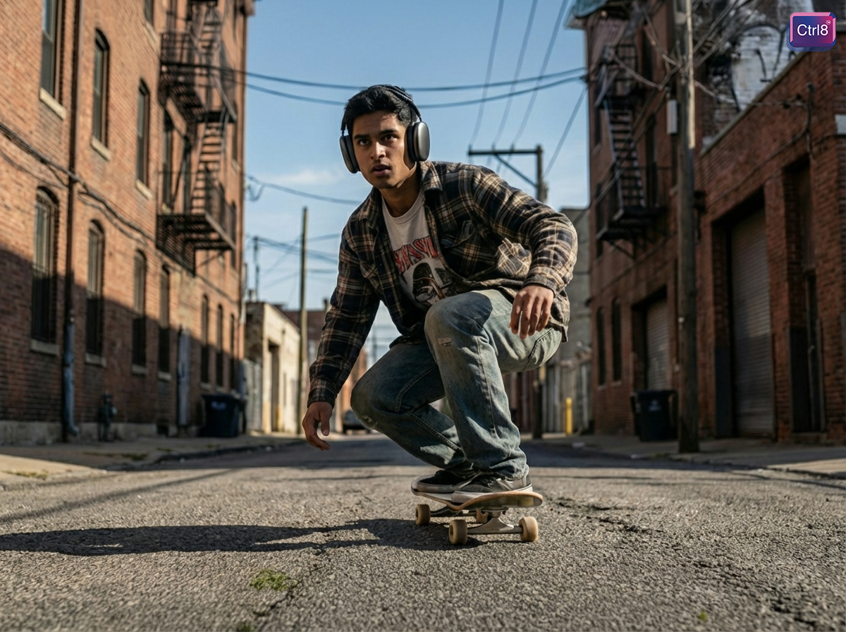 Skateboarder wearing CTRL8 P9 Bluetooth headphones, enjoying music with wireless freedom in an urban setting