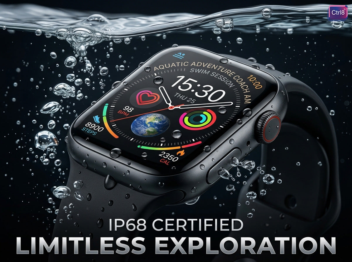 CTRL8 smartwatch featuring IP68 certification for water resistance and vibrant display with Bluetooth calling and ECG functionality