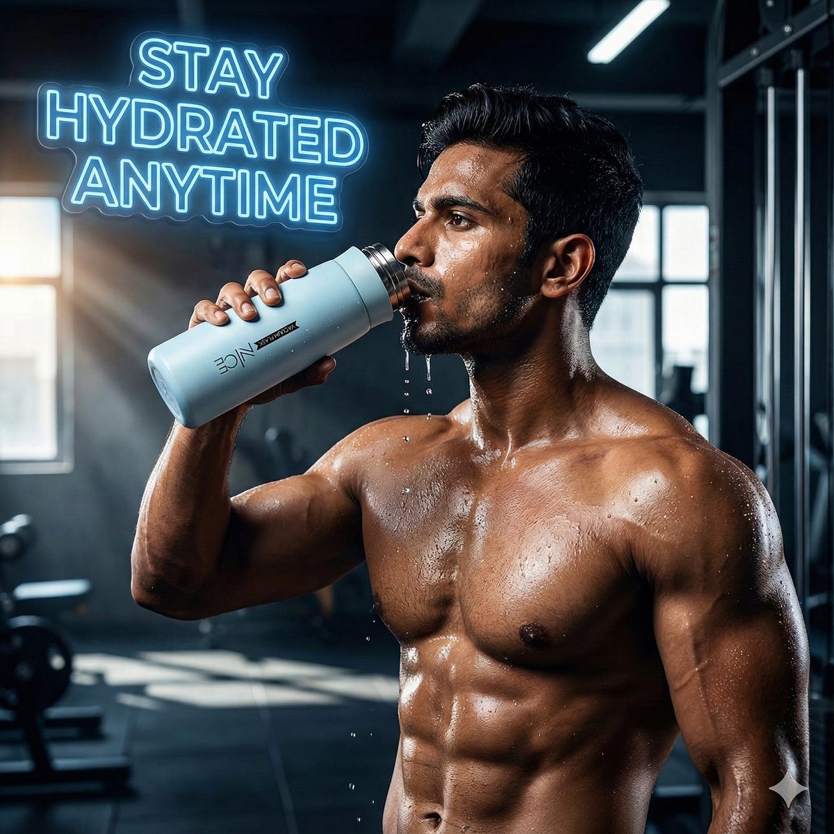Athlete drinking from a leak-proof glass water bottle with silicone protective sleeve in pastel blue during gym workout by The Elite Shop