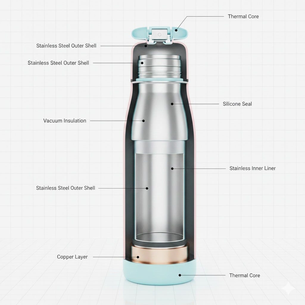 Leak-proof glass water bottle by The Elite Shop showcasing silicone protective sleeve, vacuum insulation, and stainless steel inner liner.