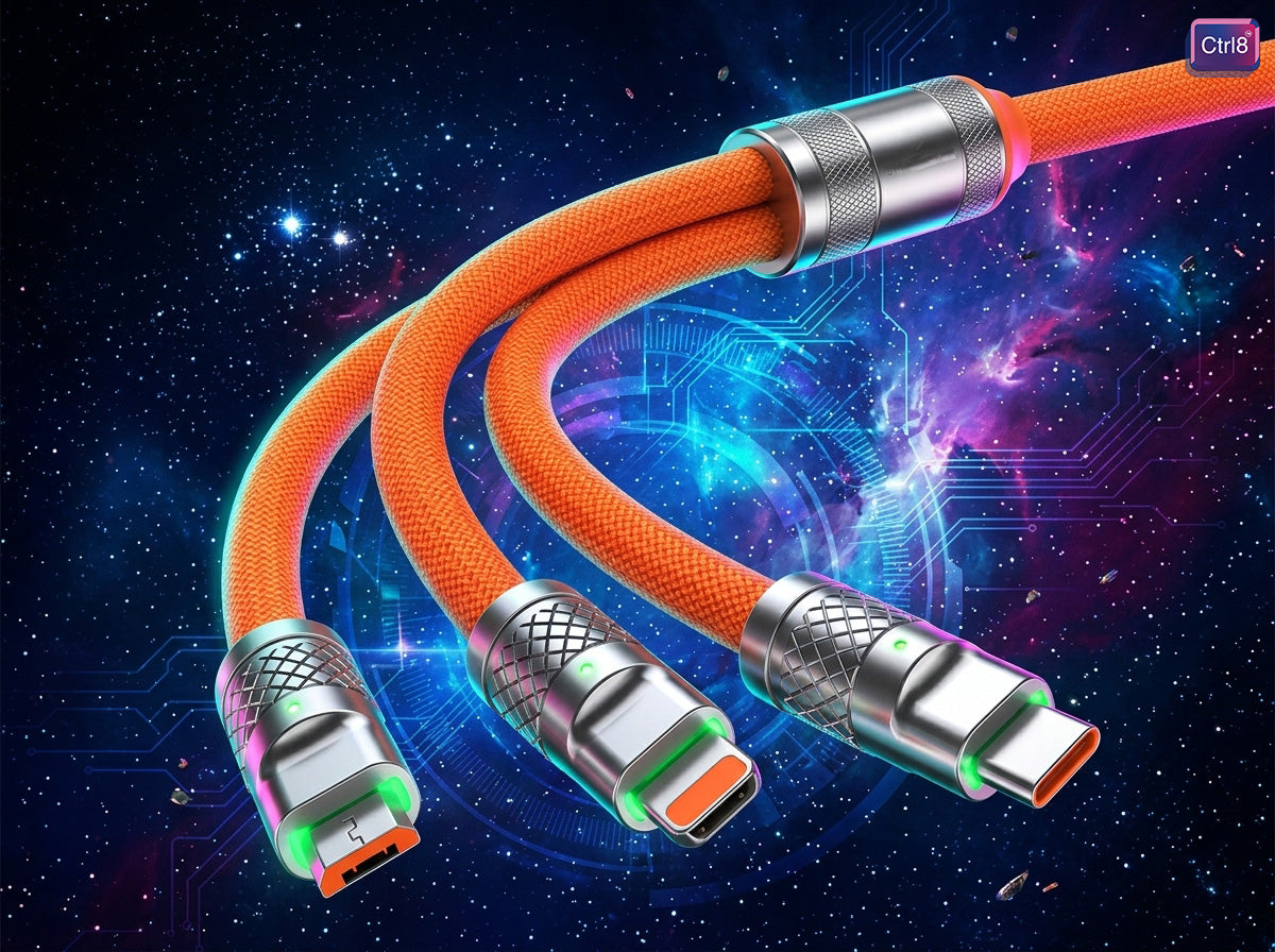 CTRL8 fast charging cable with durable braided design and multi-connector support in vibrant orange.