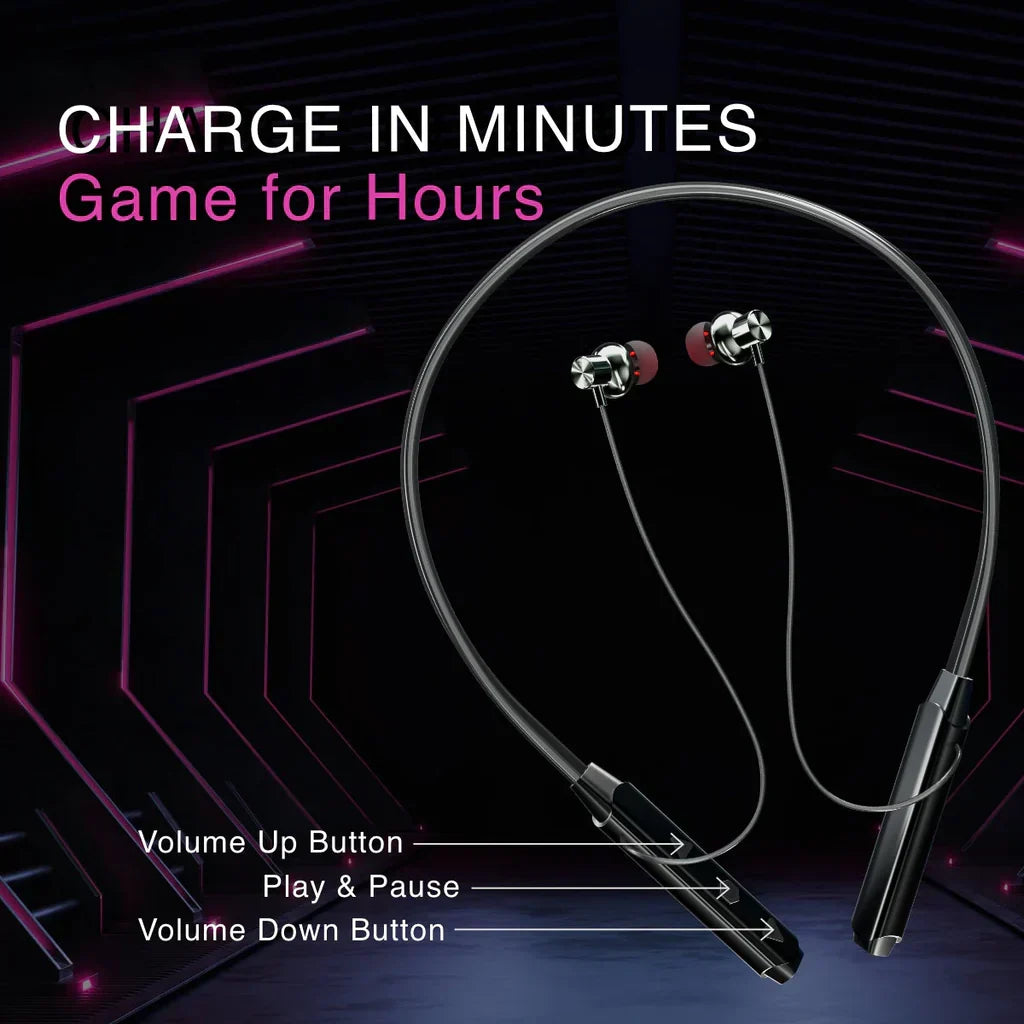 CTRL8 wireless Bluetooth neckband showcasing fast Type-C charging and deep bass sound for extended playtime.