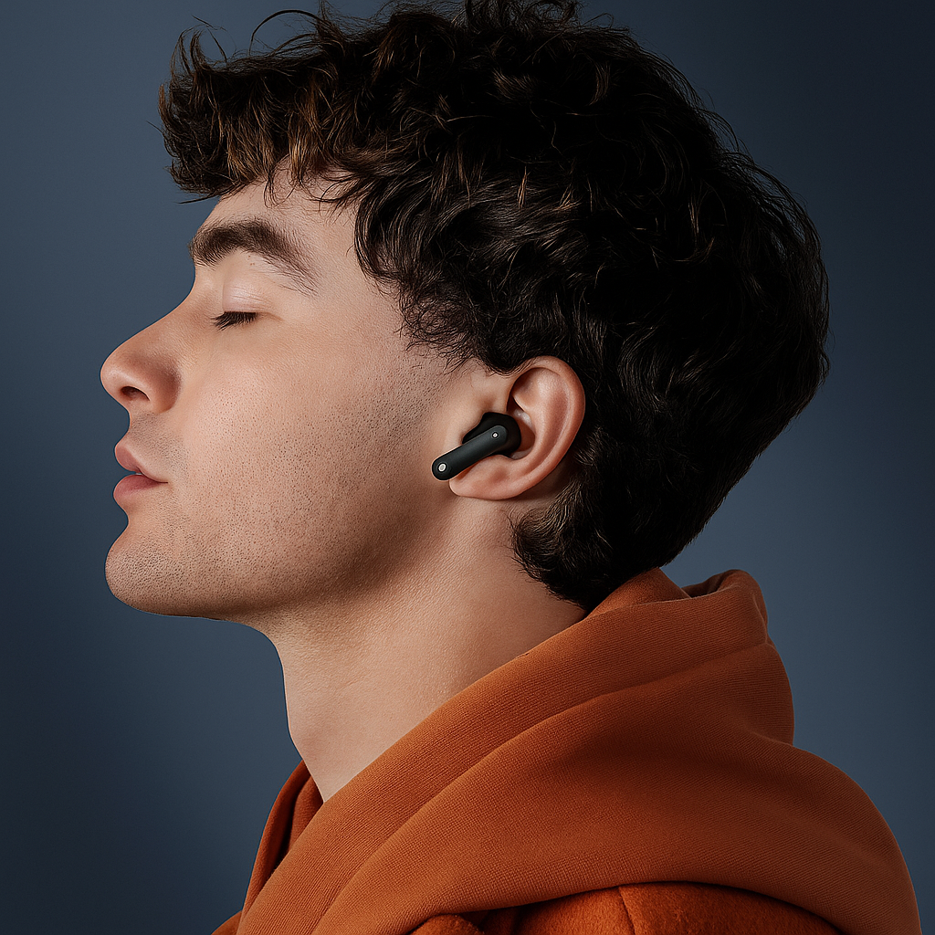 User wearing CTRL8 CMT Ultra Pro true wireless noise-cancelling earbuds for immersive audio experience