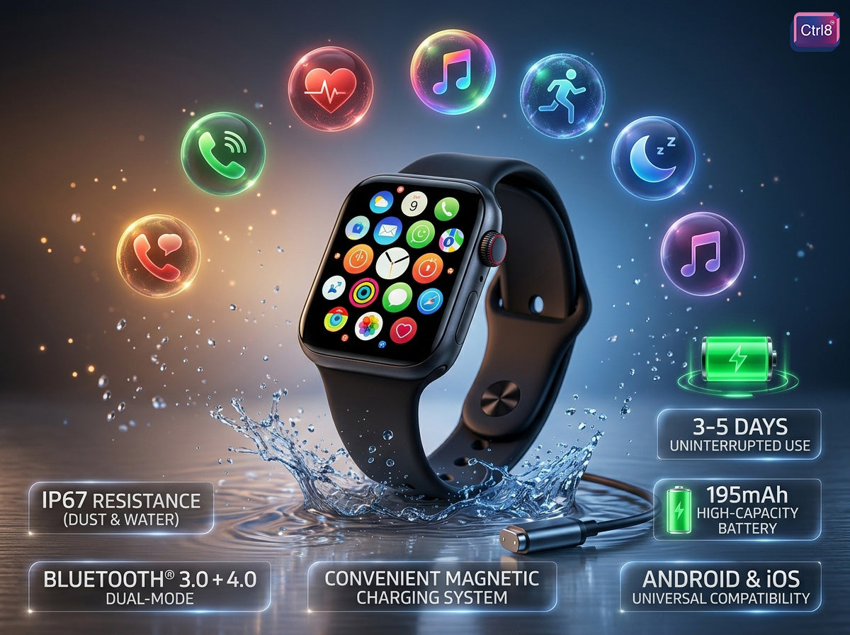 CTRL8 smartwatch showcasing vibrant display, IP67 water resistance, and magnetic charging system