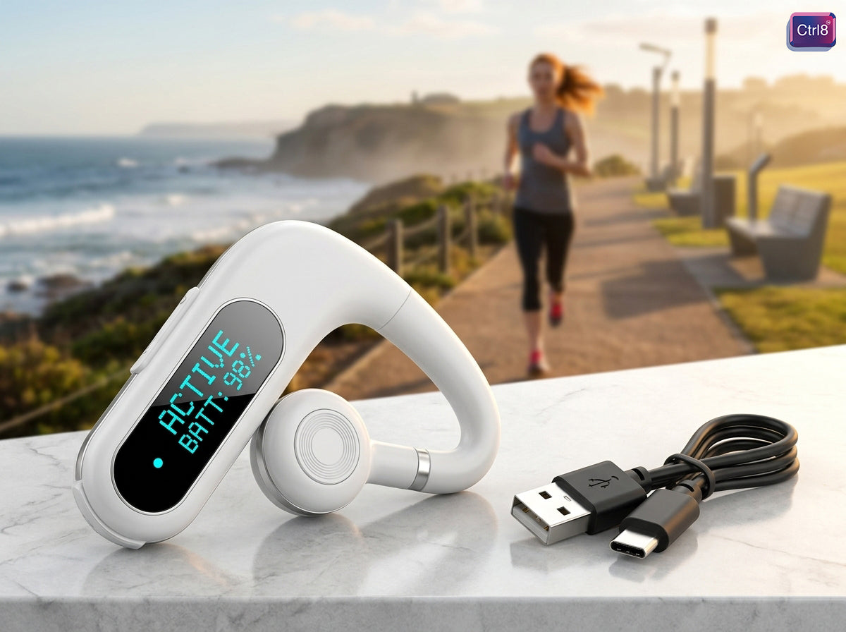 Jogger using CTRL8 Smart Display Wireless Earbud BM with battery indicator and waterproof design
