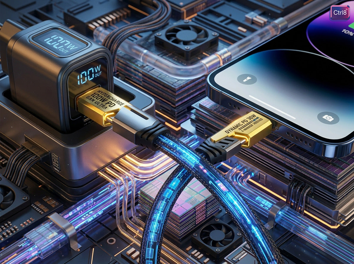 CTRL8 4-in-1 fast charging cable showcasing Type C ports with 65W power delivery and illuminated design