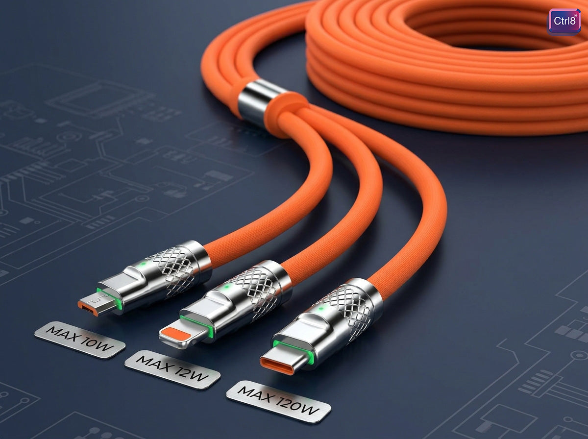 CTRL8 fast charging cable showcasing multi-connector compatibility and max power ratings of 10W, 12W, and 120W.