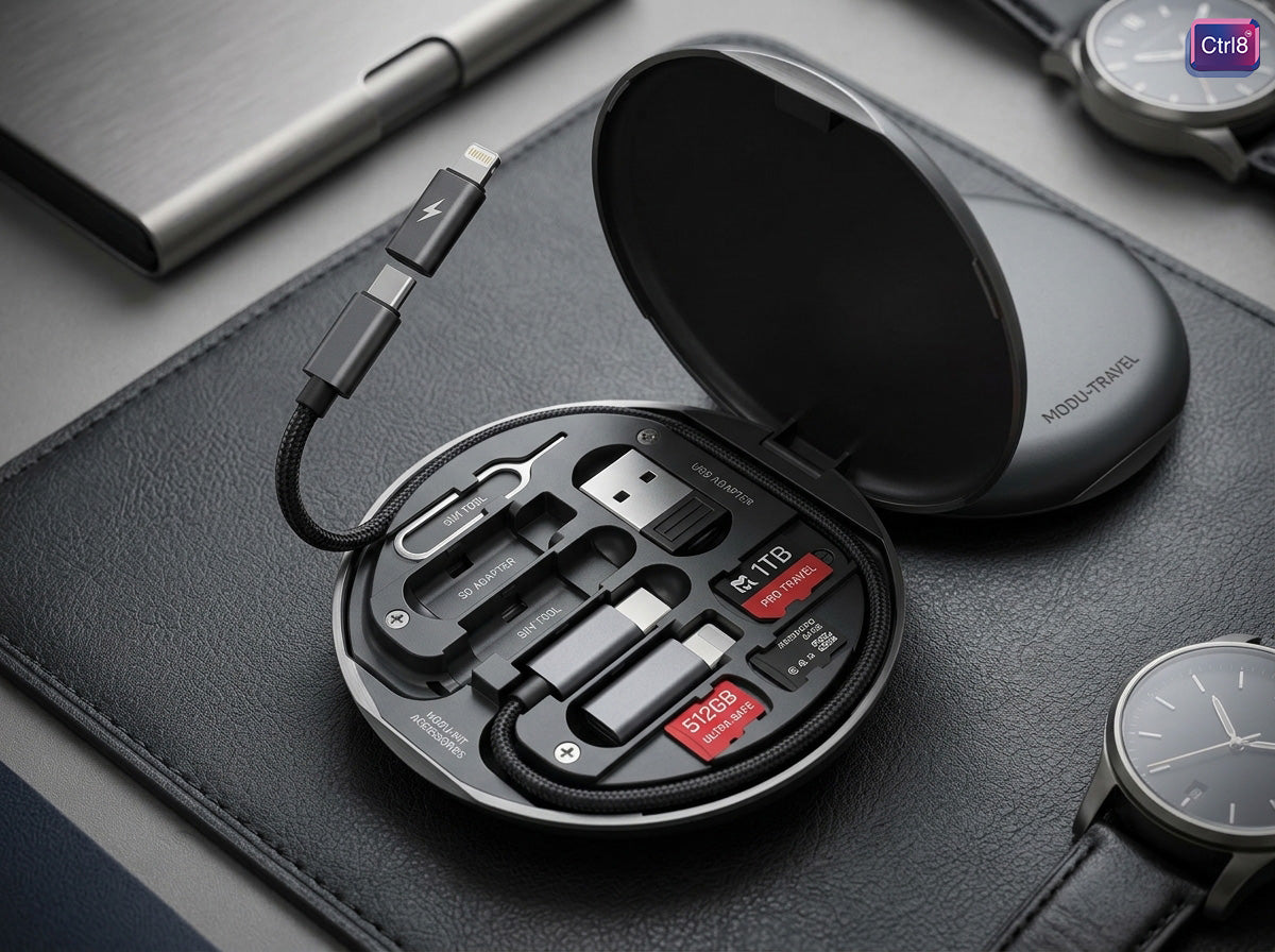 CTRL8 5-in-1 Multi-Connector Fast Charging Cable Kit displayed in a sleek, compact case, perfect for travel and mobile accessories