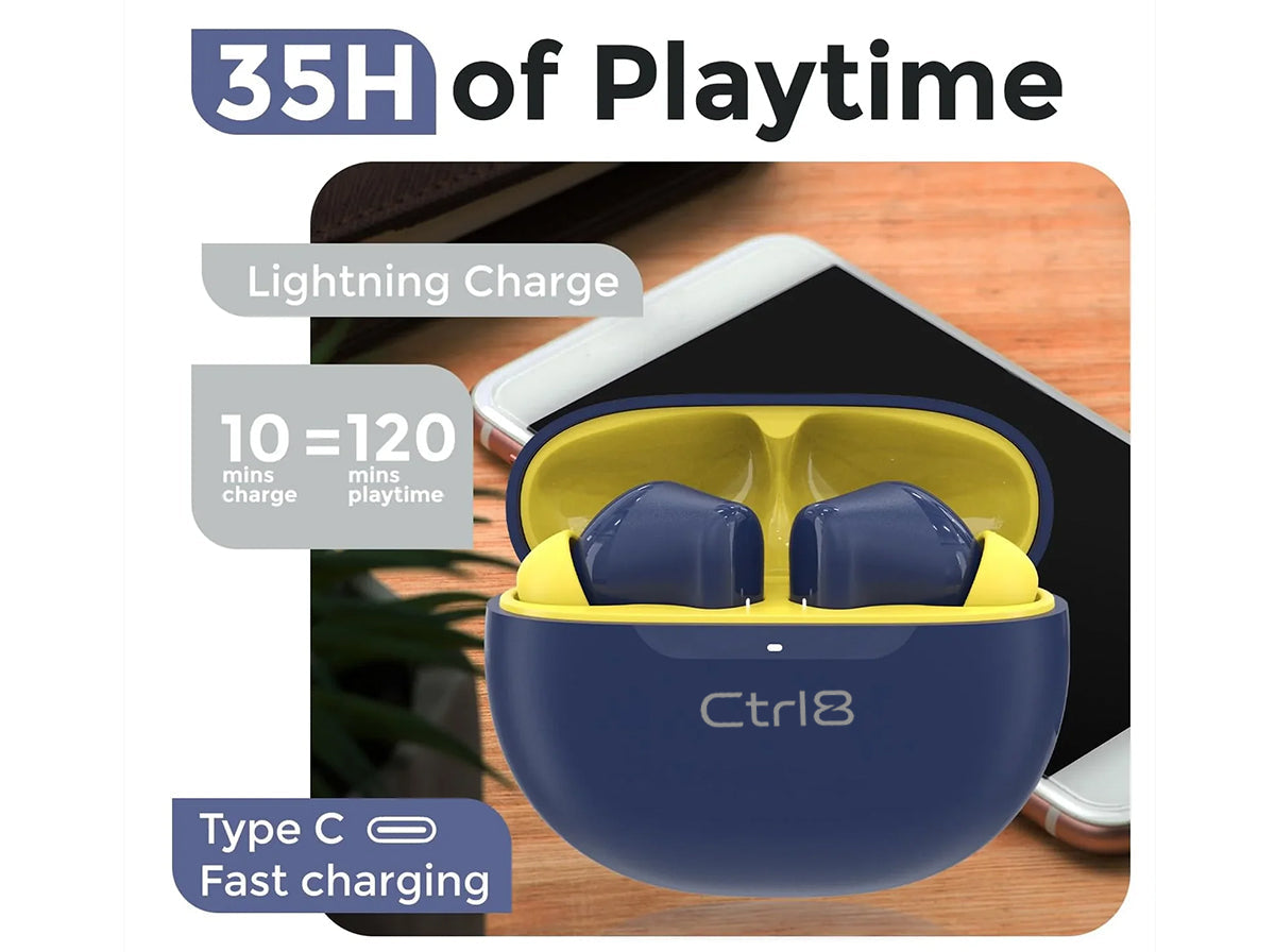 CTRL8 truly wireless earbuds featuring 35 hours of playtime and Type-C fast charging in blue and yellow