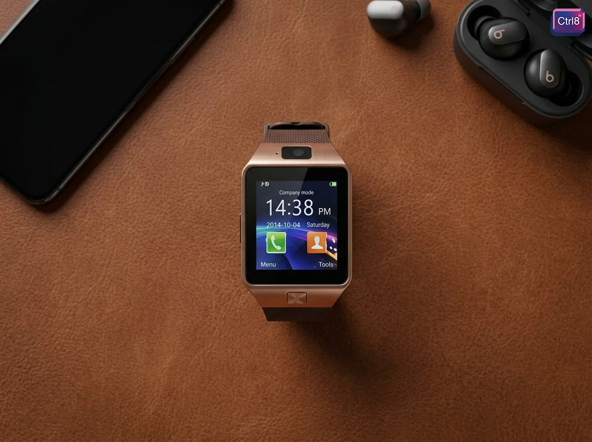 CTRL8 smartwatch with SIM and memory card slot displayed on a leather surface alongside earbuds and a smartphone