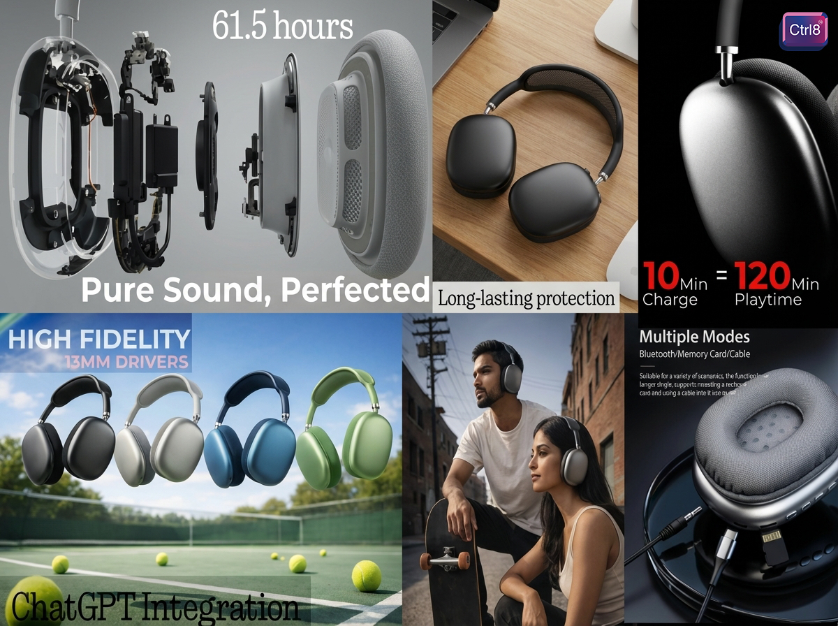 CTRL8 P9 Bluetooth headphones featuring 61.5 hours battery life, high fidelity 13mm drivers, and multiple modes for versatile use.