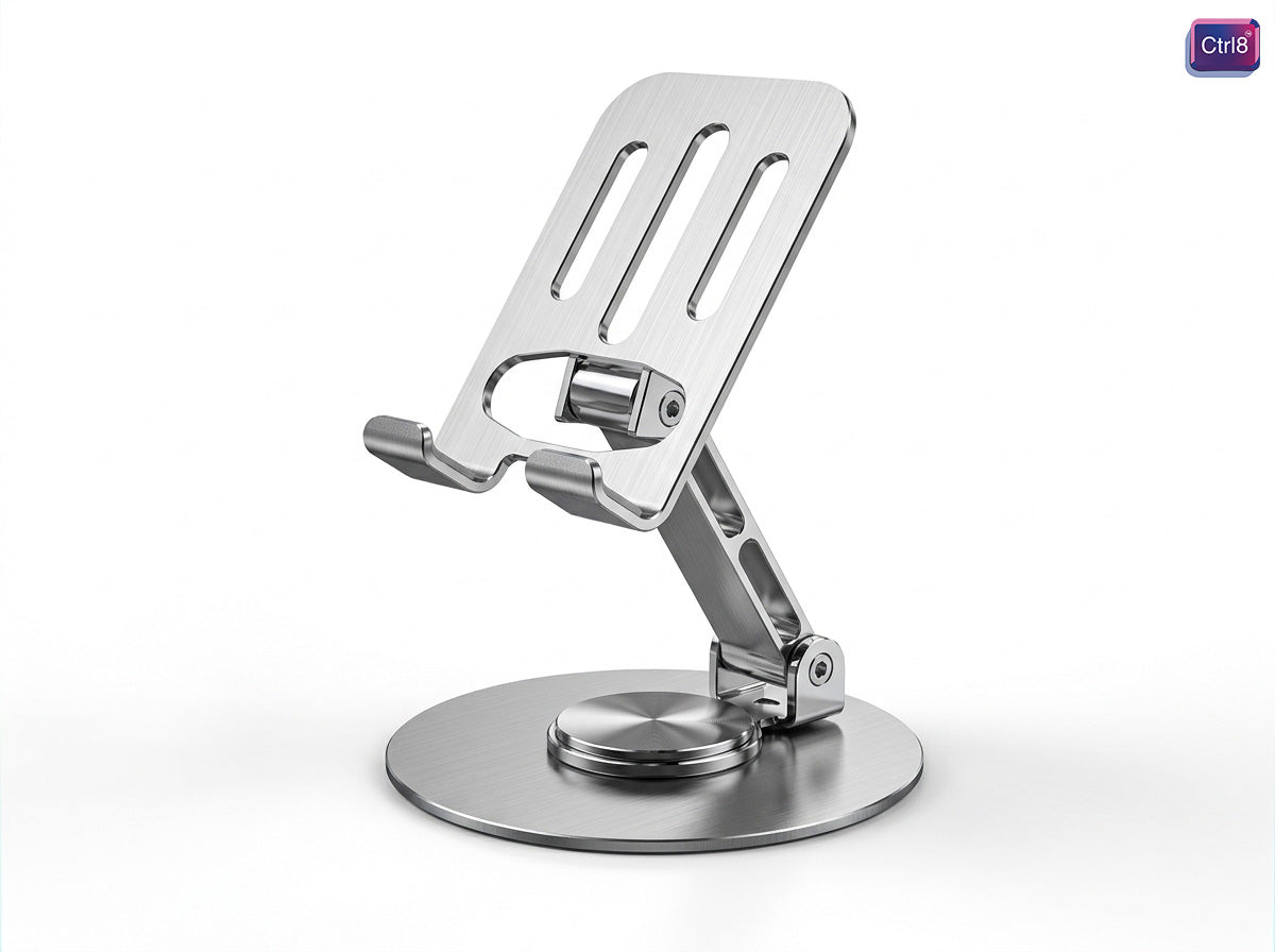 CTRL8 360 adjustable aluminum anti-slip phone stand with ergonomic design in silver finish