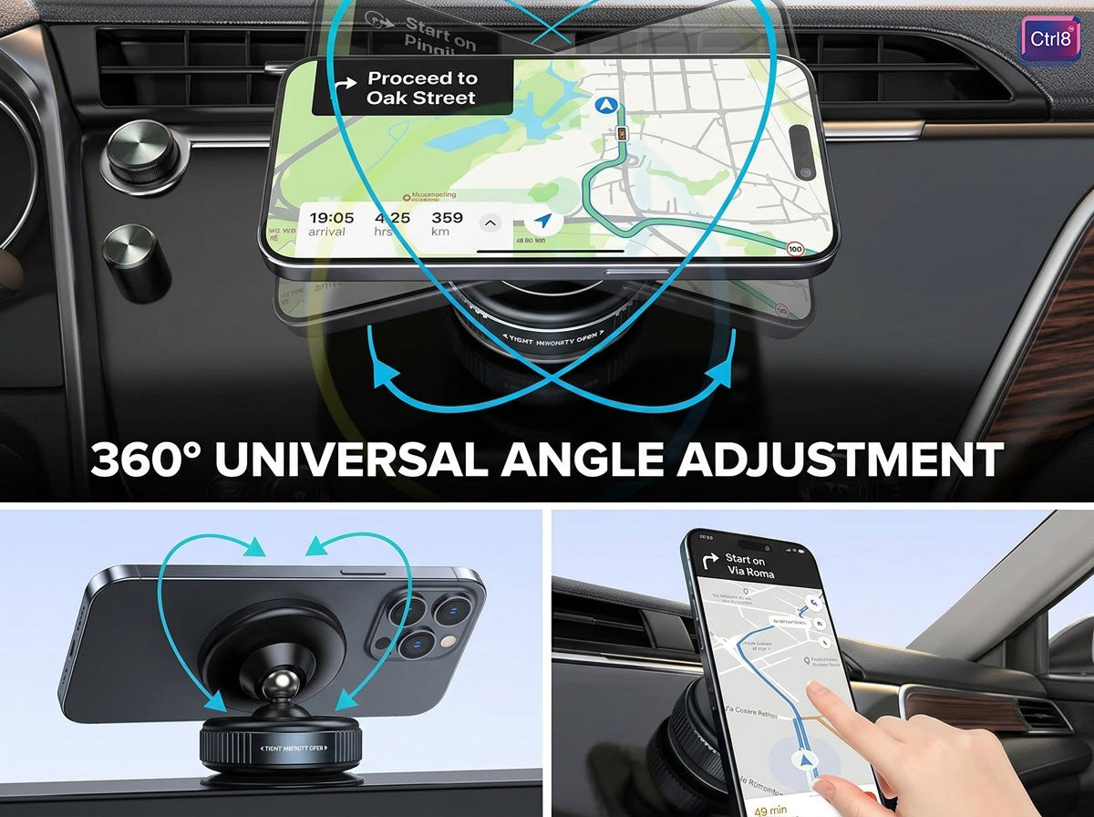 CTRL8 360 Magnetic Mobile Phone Holder showcasing universal angle adjustment and vacuum suction technology
