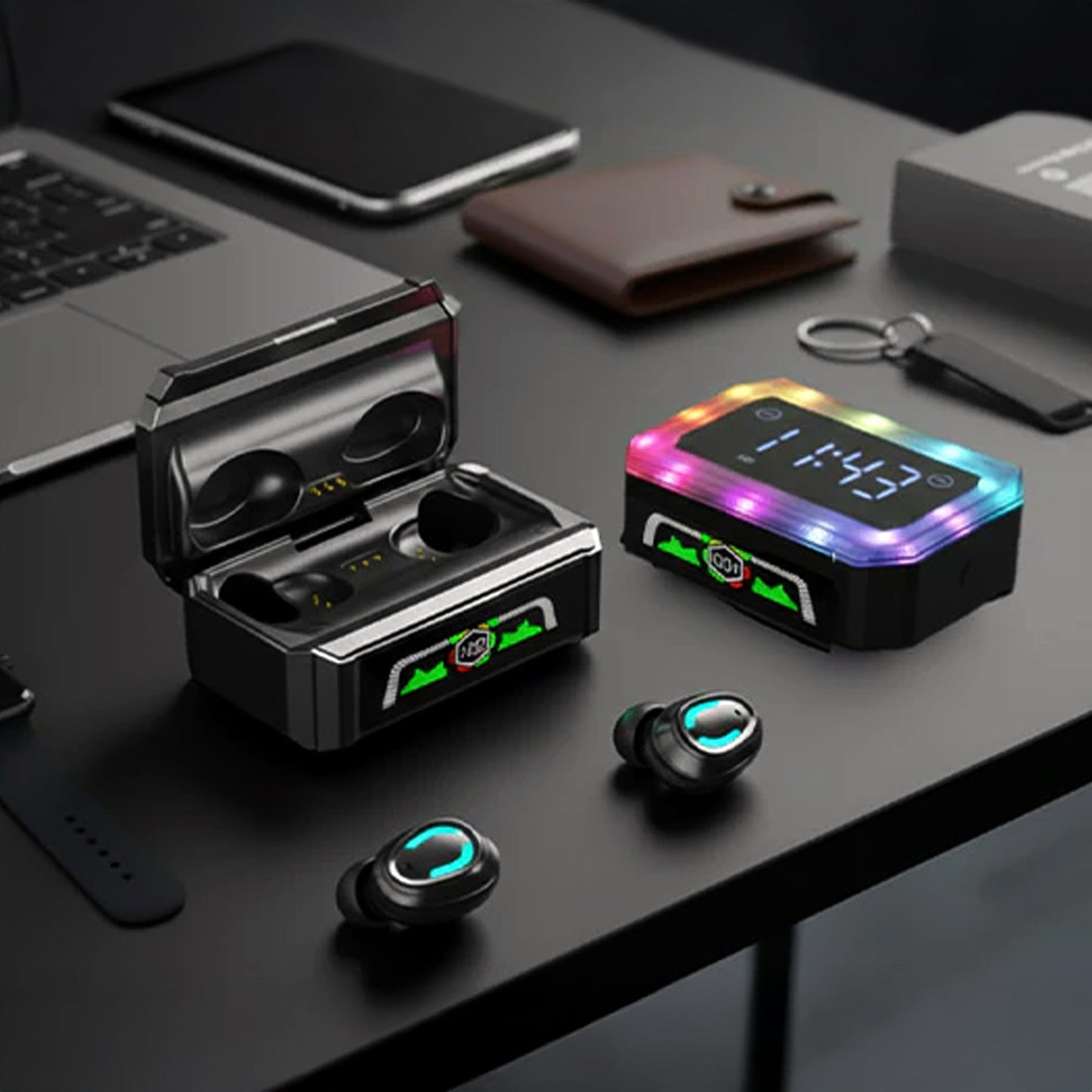 CTRL8 true wireless earbuds with powerbank case and display clock, ideal for desk setups