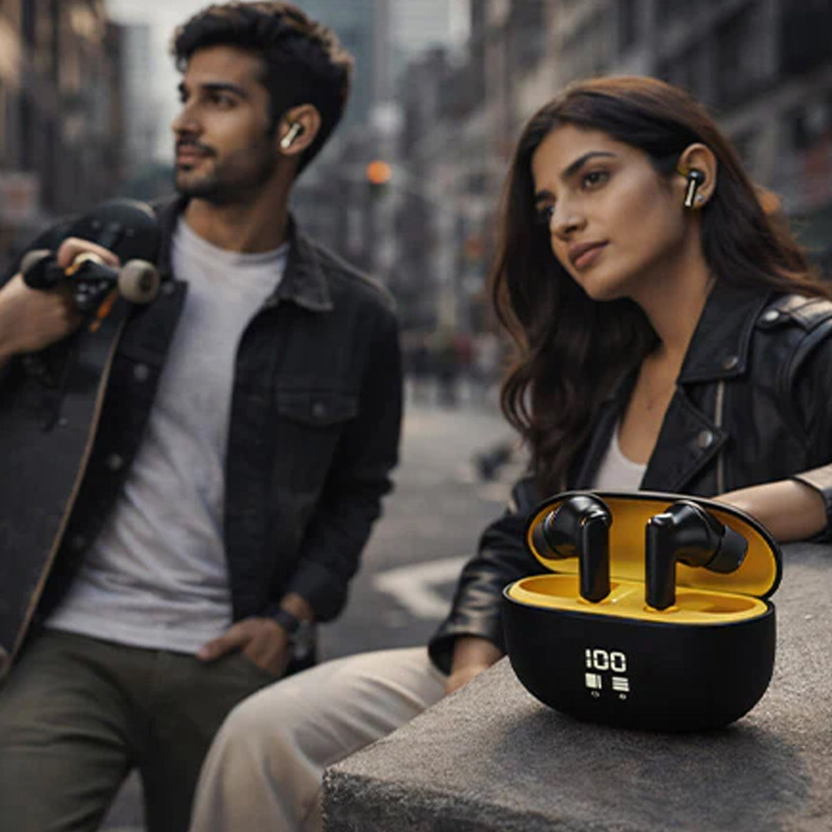 Two users enjoying music with CTRL8 Stereo Sound True Wireless Bluetooth Earbuds-UB featuring a digital display in black and yellow