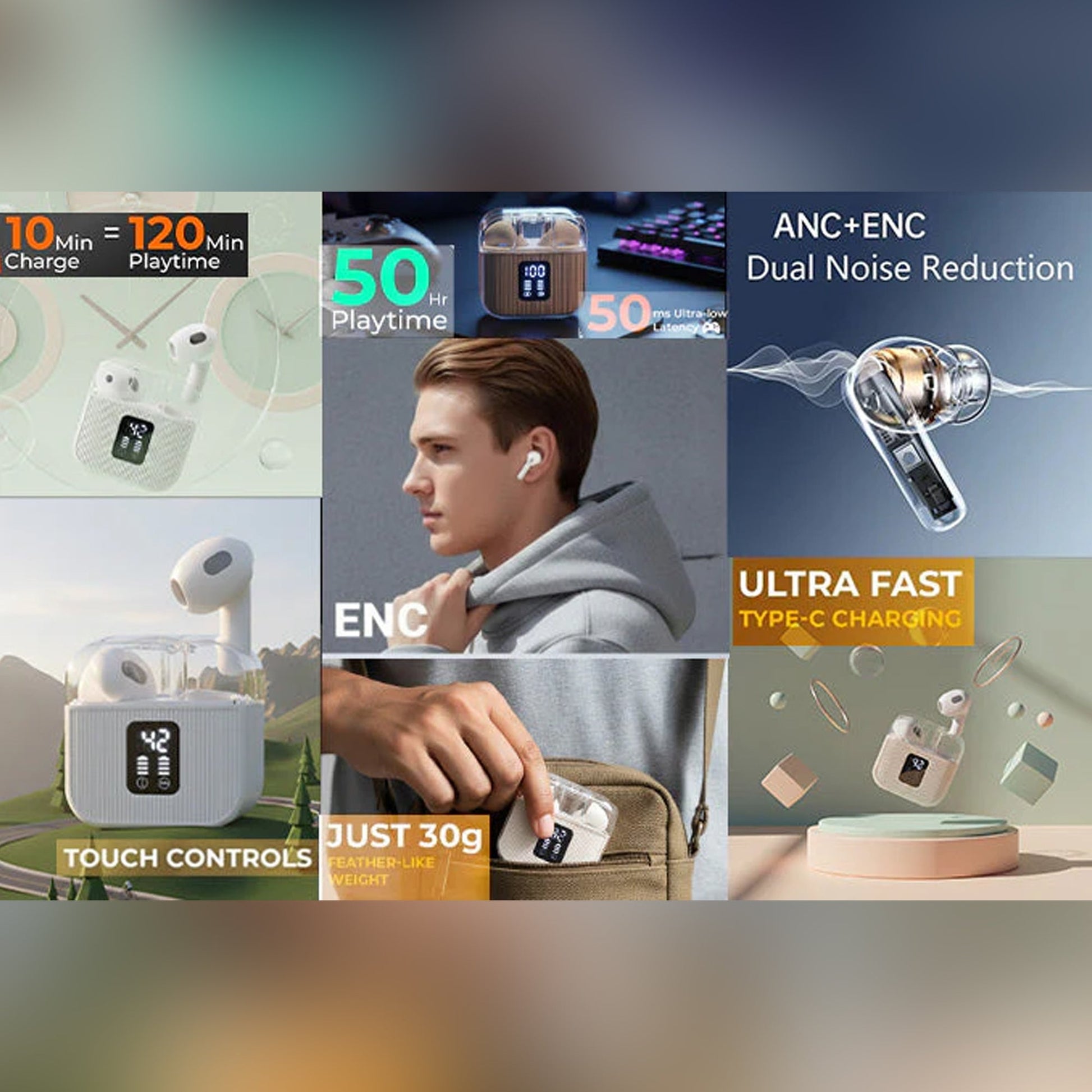 CTRL8 True Wireless Stereo Sound 7 Earbuds featuring ANC, ENC, LED display, and ultra-fast Type-C charging