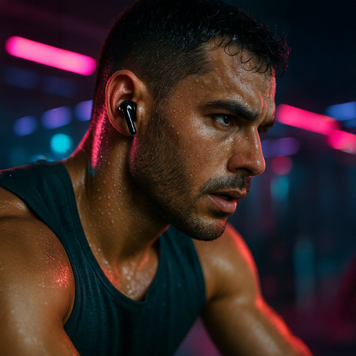 Athlete using CTRL8 true wireless earbuds in pure black during an intense workout