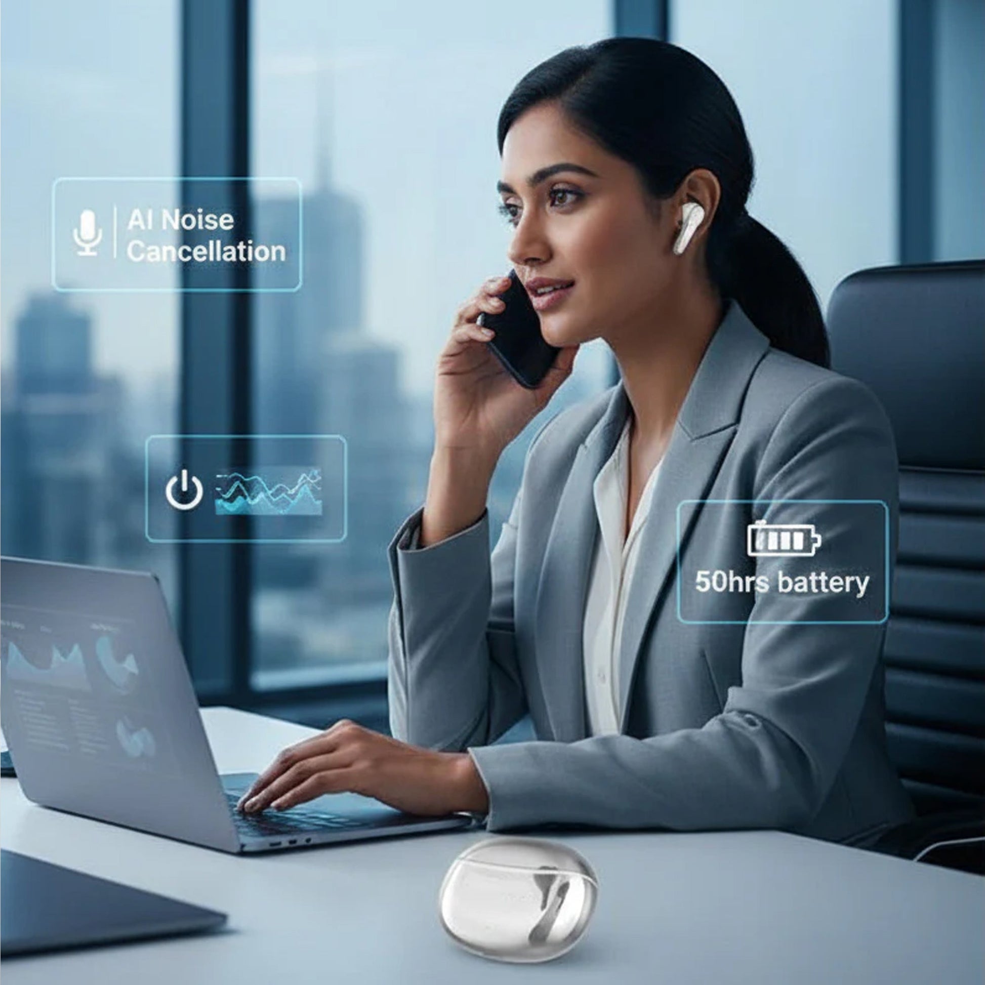 Professional using CTRL8 Pro Sound true wireless Bluetooth earbuds with AI noise cancellation and 50-hour battery life