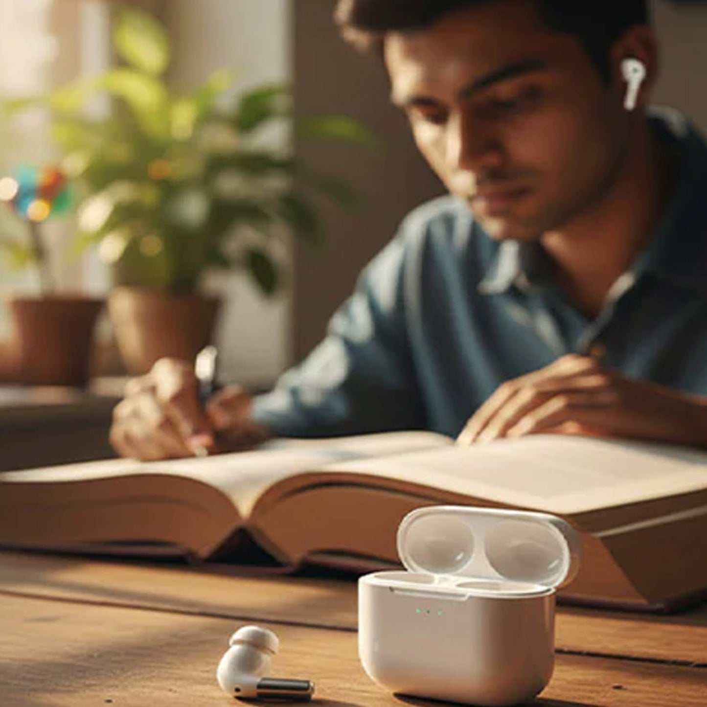 Student using CTRL8 wireless gaming earbuds with mic for studying and immersive sound