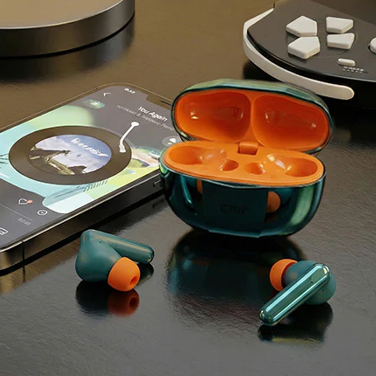 CTRL8 CMT Wireless Airdopes placed near a smartphone, ideal for music streaming and seamless connectivity.
