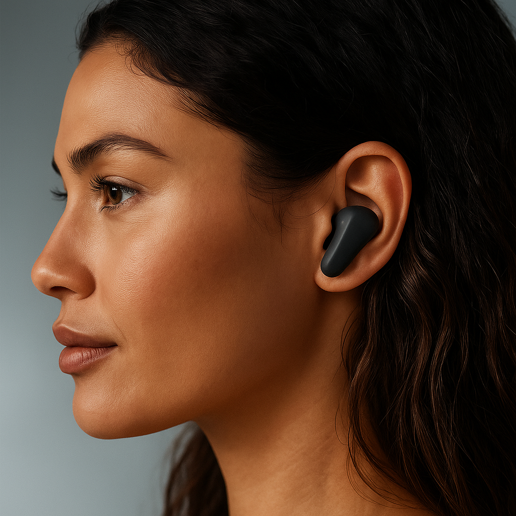 User wearing CTRL8 CMT Ultra Pro true wireless noise-cancelling earbuds for seamless listening in black