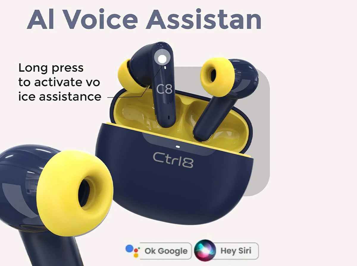 CTRL8 truly wireless earbuds featuring AI voice assistant activation with vibrant blue and yellow design