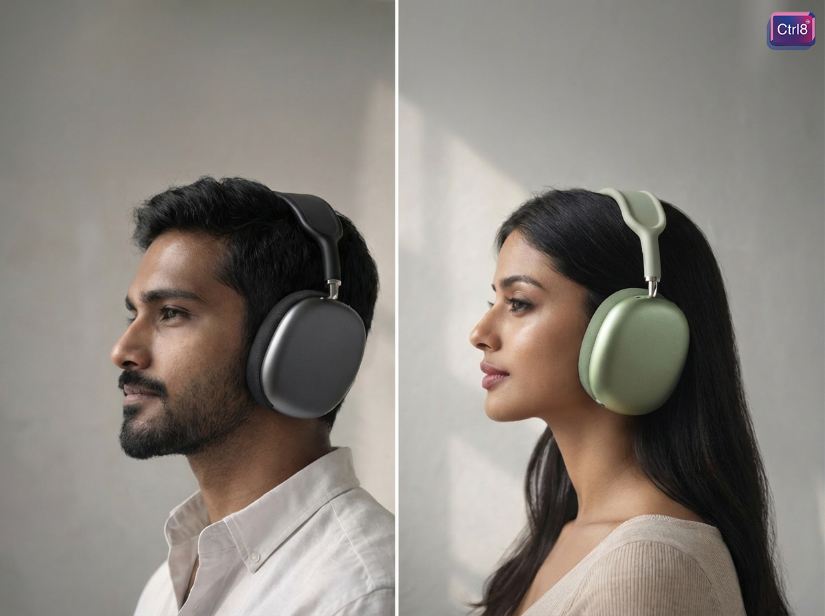 Two users wearing CTRL8 P9 Bluetooth headphones in contrasting colors, enjoying immersive audio in a relaxed setting.
