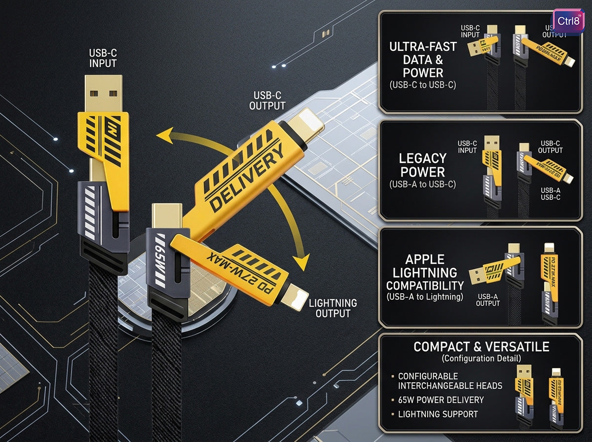CTRL8 4-in-1 fast charging cable highlighting USB-C and Lightning compatibility with 65W power delivery