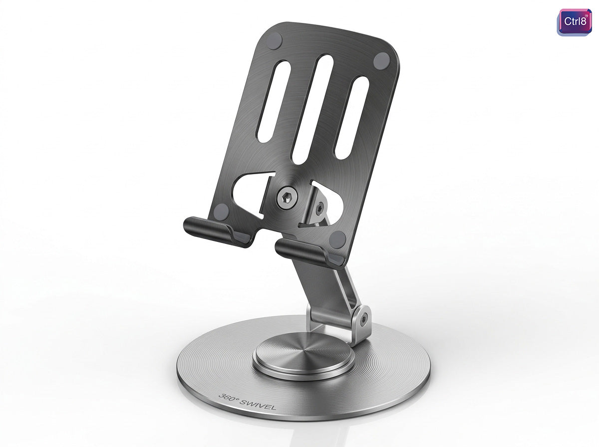 CTRL8 360 adjustable aluminum anti-slip phone stand with durable build and brushed silver finish