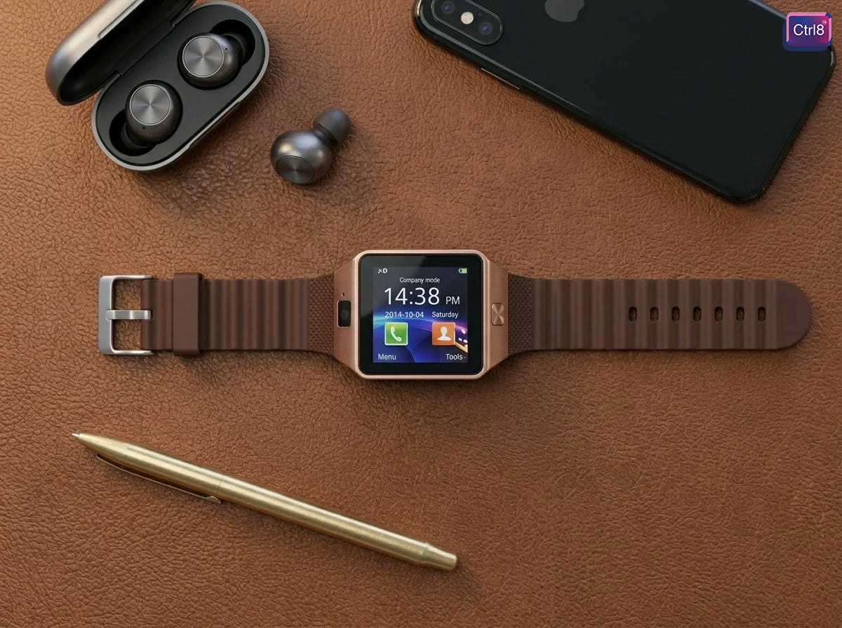 CTRL8 smartwatch with SIM and memory card slot displayed on a desk alongside earbuds, smartphone, and pen