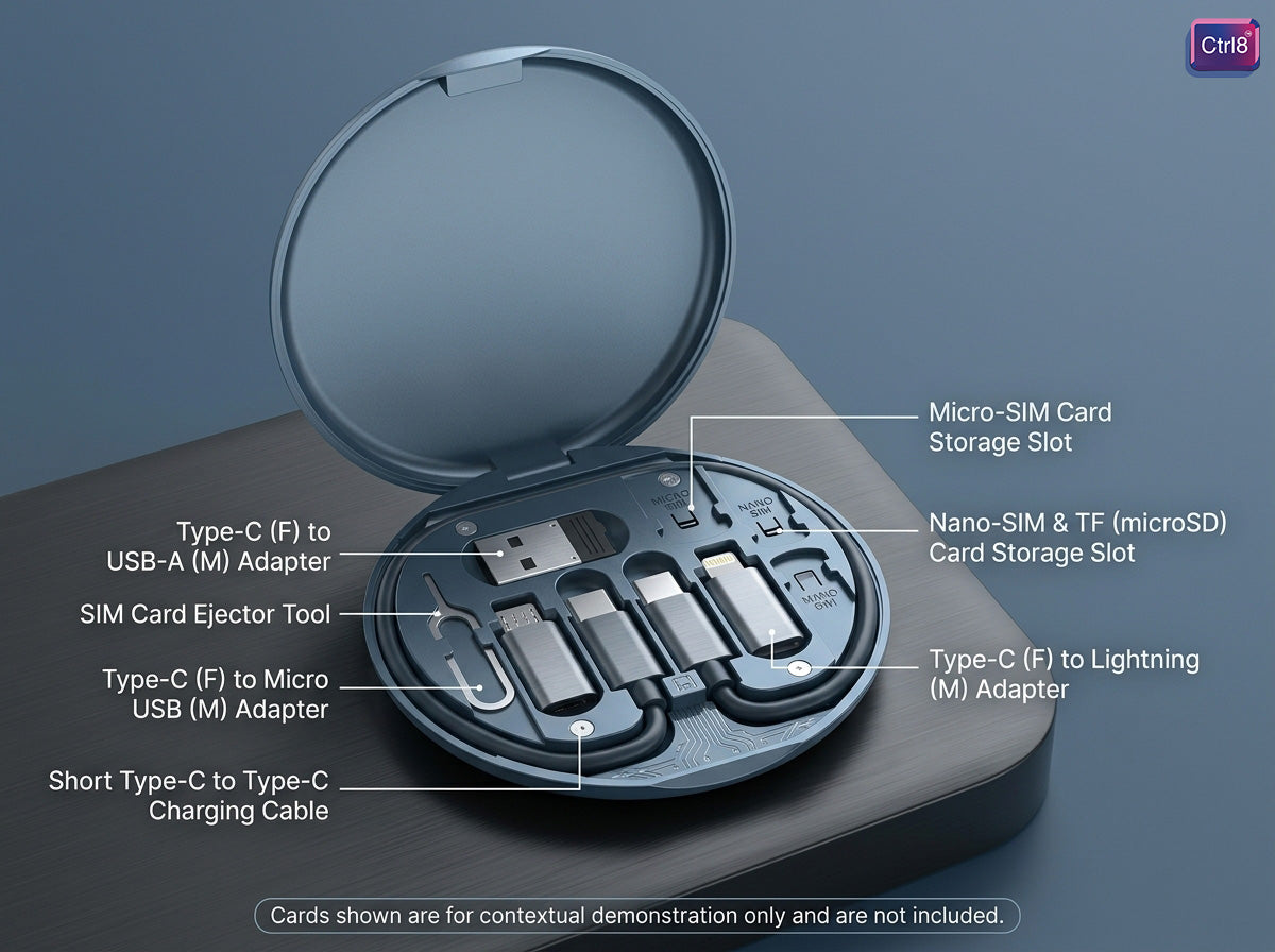 CTRL8 5-in-1 Multi-Connector Fast Charging Cable Kit featuring versatile adapters and SIM storage slots in a compact case