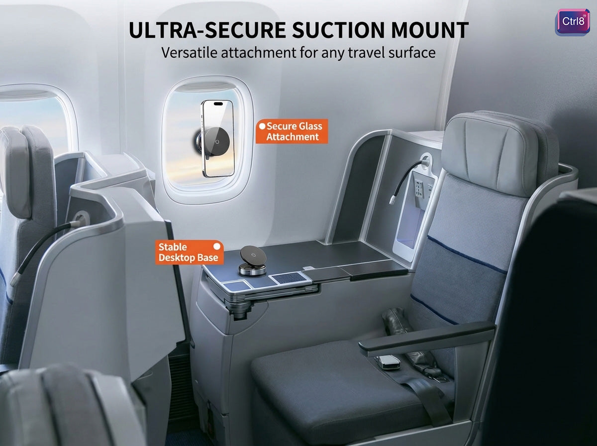 CTRL8 360 Magnetic Mobile Phone Holder featuring ultra-secure suction mount and versatile travel surface attachment