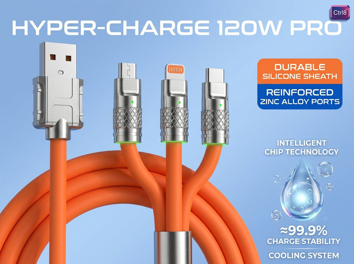 CTRL8 fast charging cable featuring reinforced zinc alloy ports, durable silicone sheath, and intelligent chip technology.